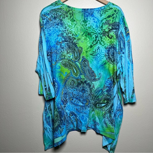 Catherines Women Top 2X Blue Green Sequins V-Neck Embroidered Share Bite Paisley - Picture 8 of 9